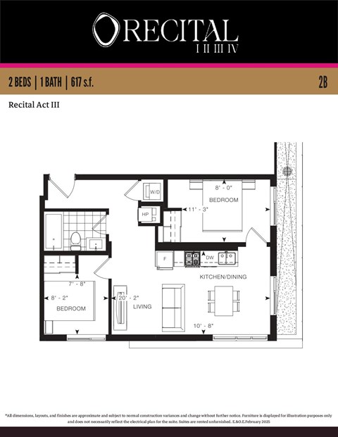 Floor plan for 2 beds, 1 bath, 617 sqft
